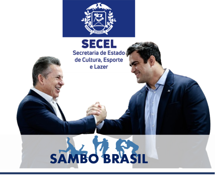 Aperto de mãos entre autoridades com o logo da SECEL, Secretaria de Estado de Cultura, Esporte e Lazer, e a marca SAMBO Brasil